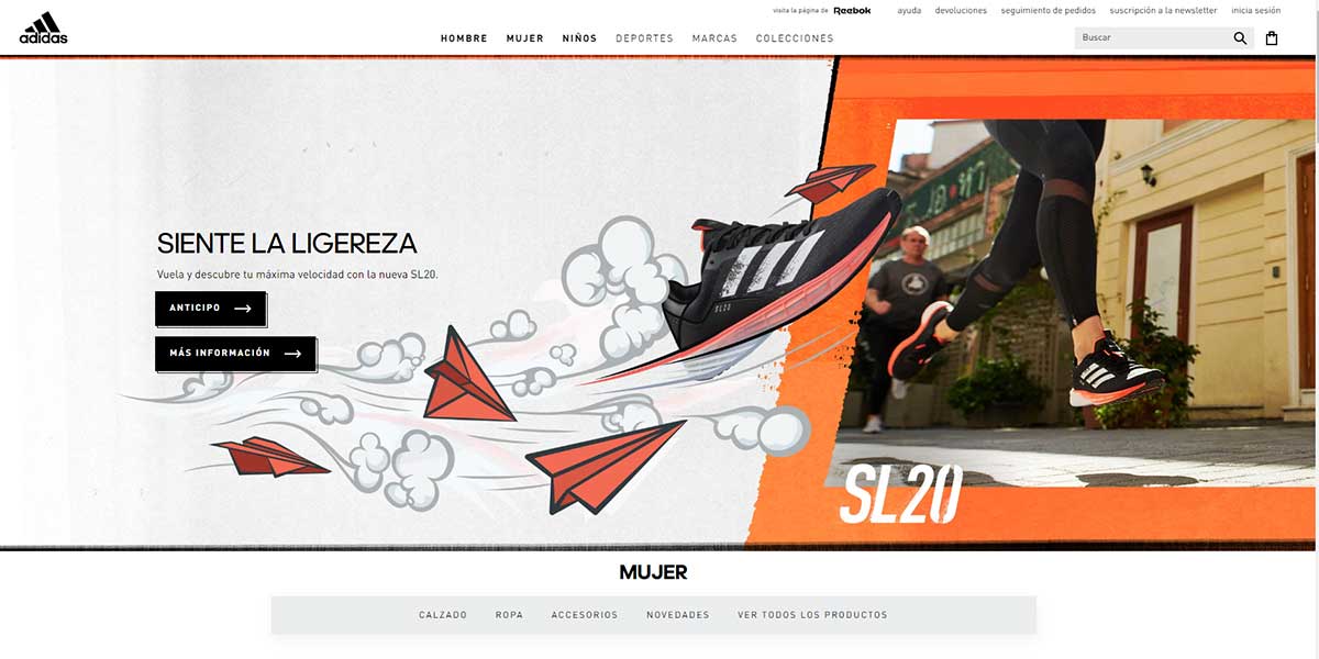 Adidas, ilustración de aviones de papel para subrayar la ligereza del zapato SL20.