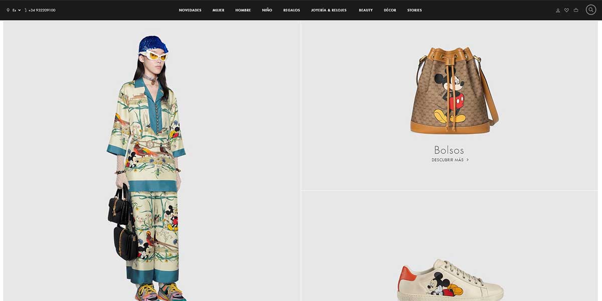 Gucci, espacio vacío enmarcando los productos de la tienda online.